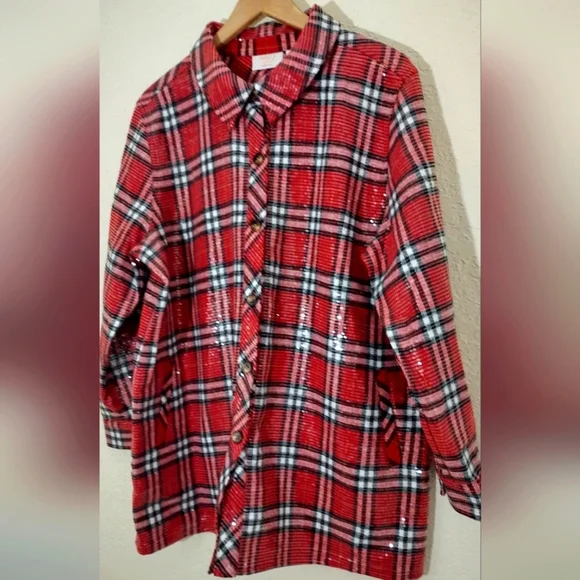Jingle Belles by Kim Gravel Sequin Plaid Lumberjill Shacket - Picture 4 of 7
